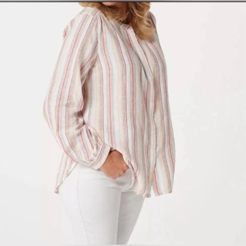 Denim and Co Naturals Button Up Top Sz S Striped‎ Coastal Grandma Beachy Linen